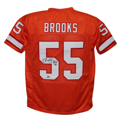 Back of orange throwback Tampa Bay custom jersey with Brooks 55 HOF 14 autographed