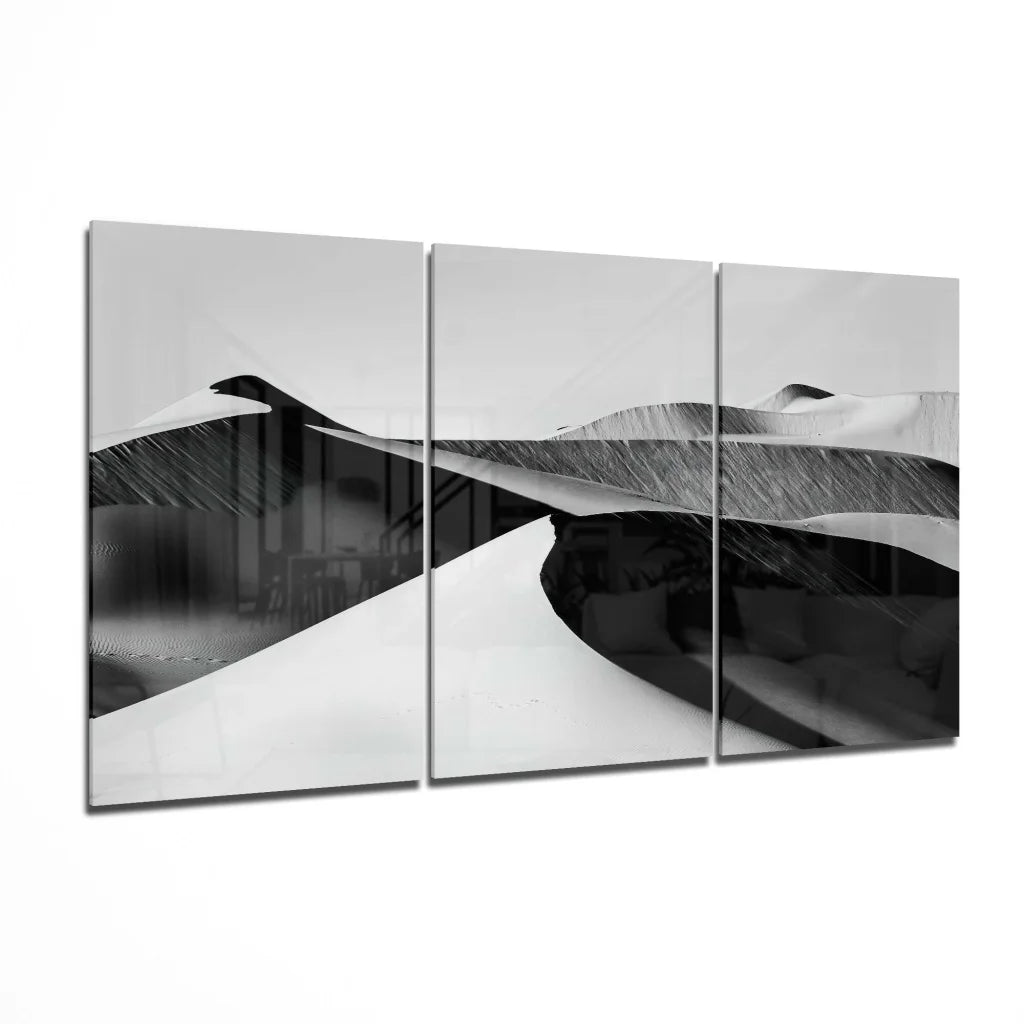 Black and white abstract desert wave glass wall art triptych set