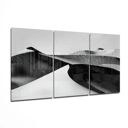 Black and white abstract desert wave glass wall art triptych set