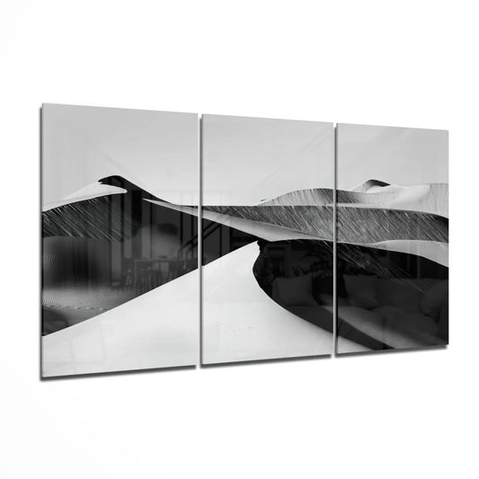 Black and white abstract desert wave glass wall art triptych set