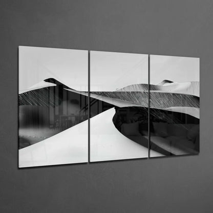 Black and white wave triptych wall art with flowing forms