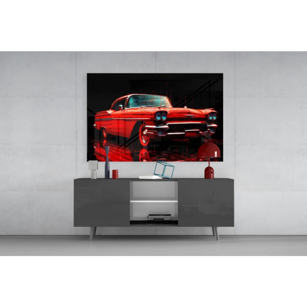 Vibrant red retro muscle car glass wall art with neon blue headlights