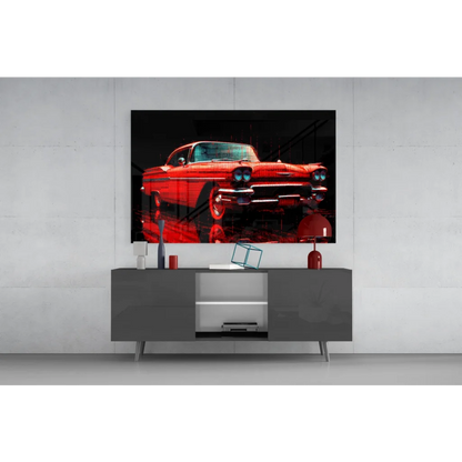 Vibrant red retro muscle car glass wall art with neon blue headlights