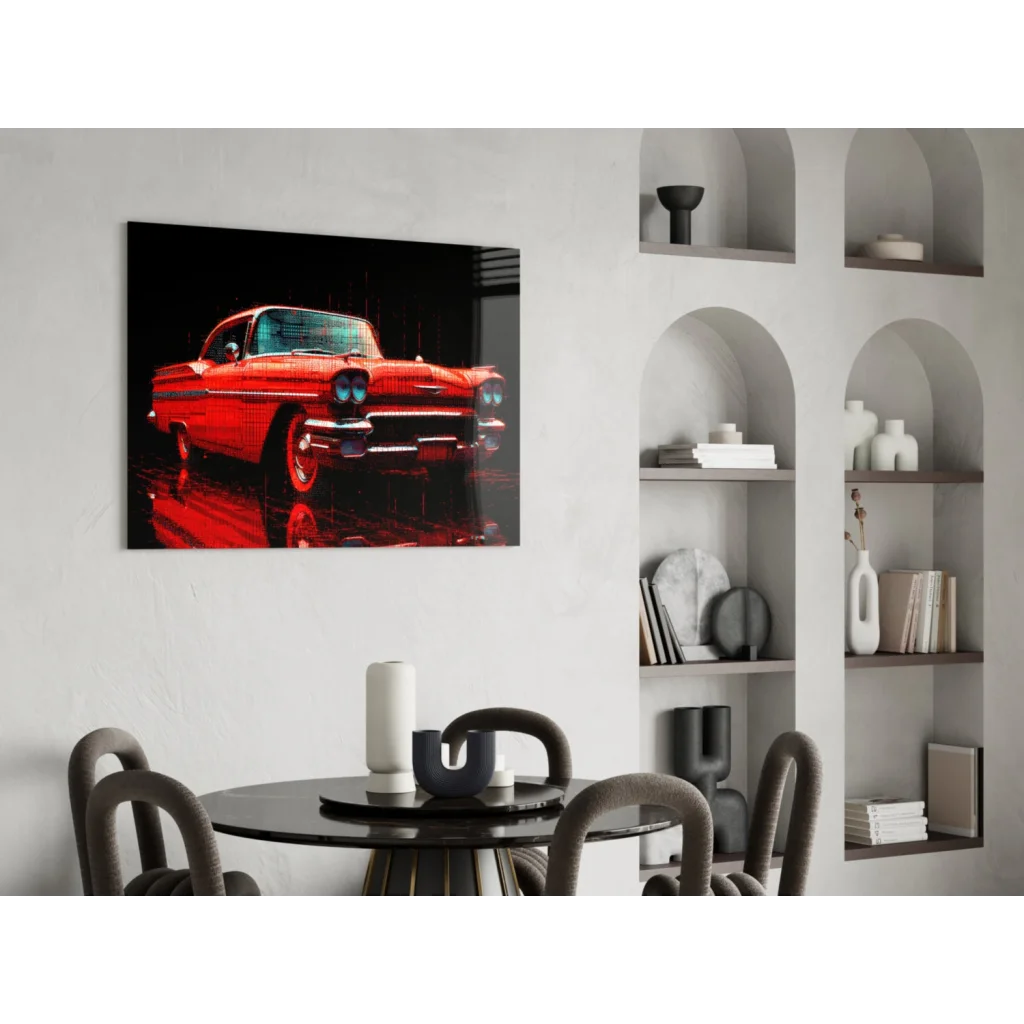 Vibrant red retro muscle car glass wall art with neon glow effects