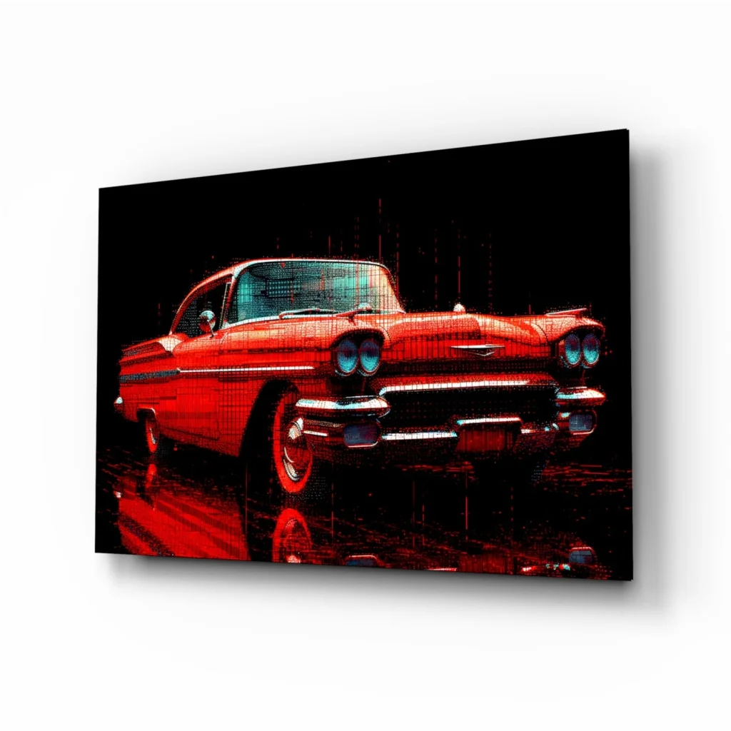 Retro Muscle Car Glass Wall Art with Neon Glow Effects | Insigneart USA | vintageantiquesgifts.com
