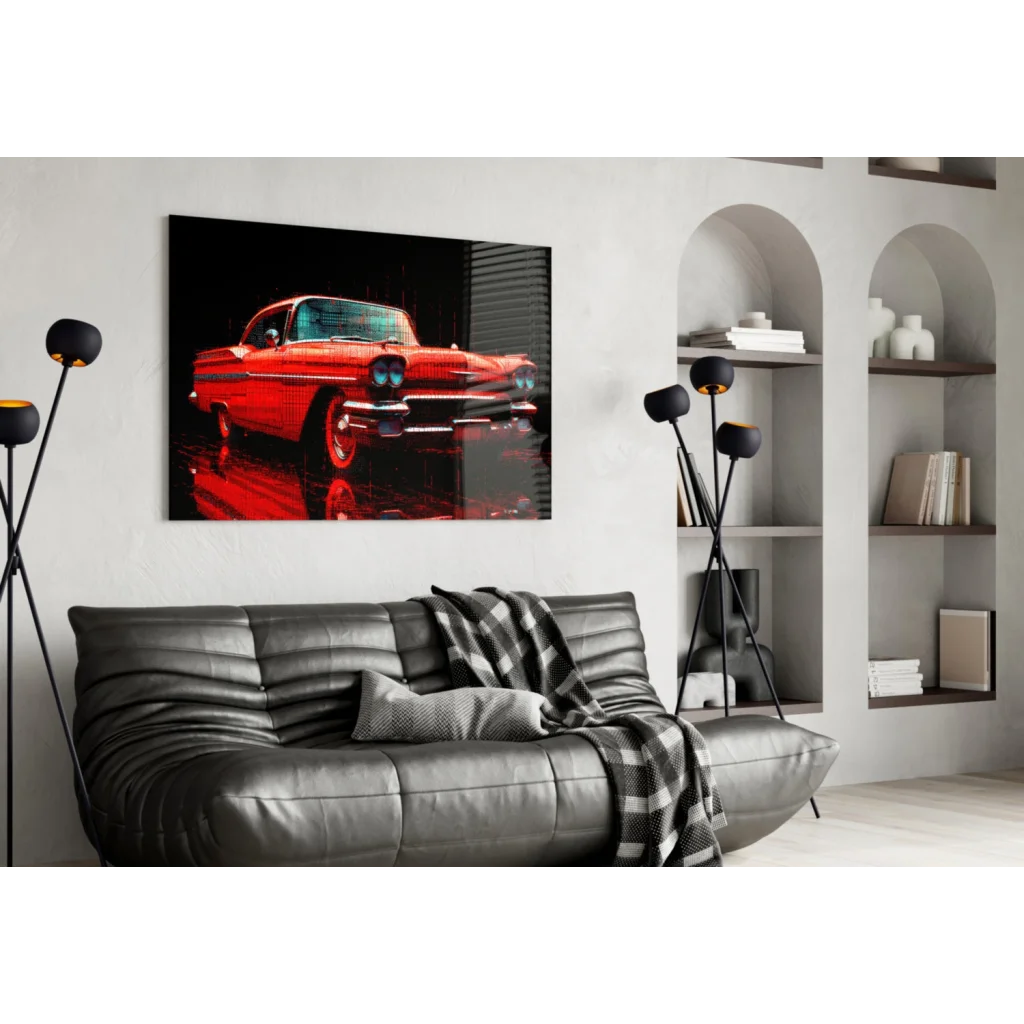 Retro Muscle Car Glass Wall Art with Neon Glow Effects | Contemporary Home Wall Art | vintageantiquesgifts.com