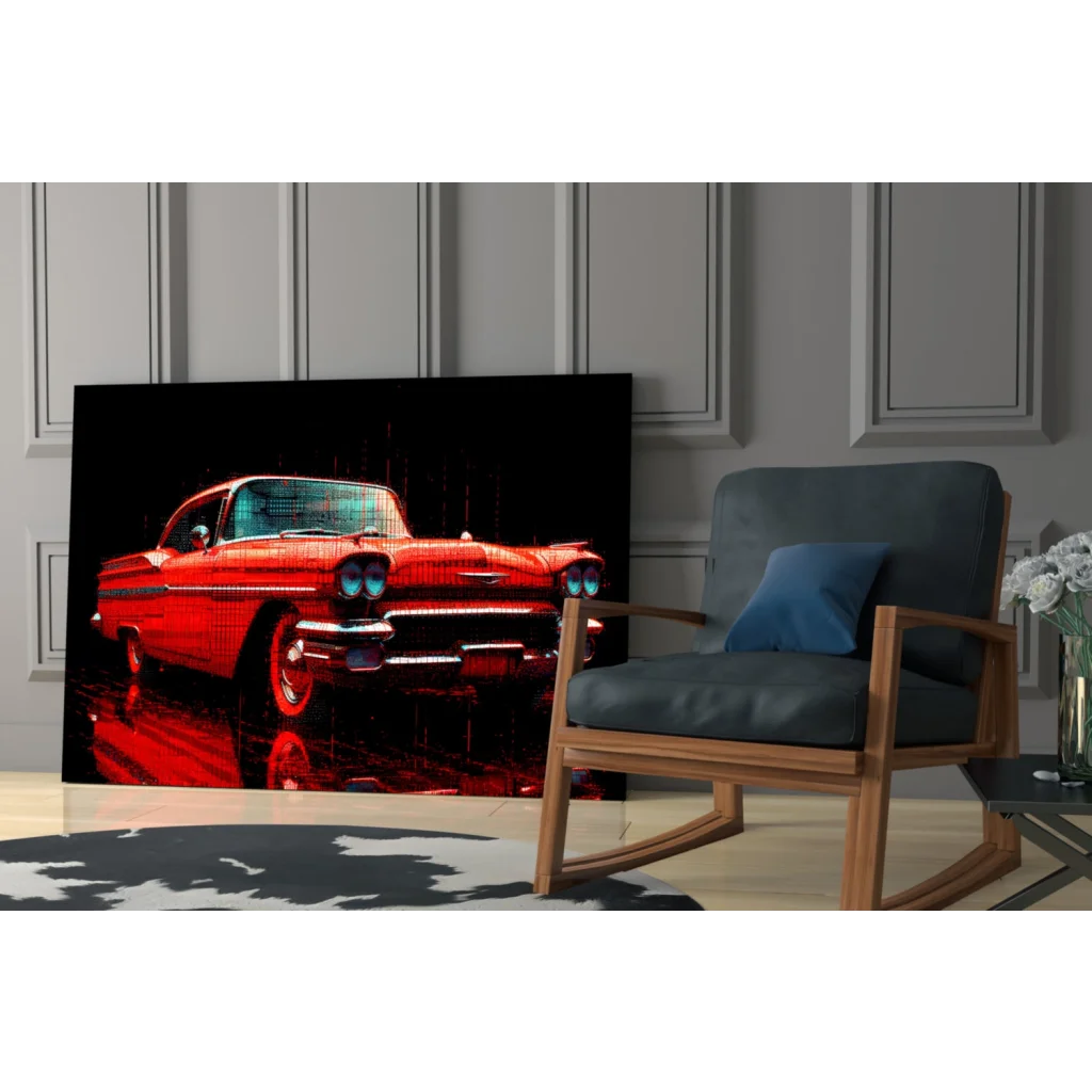 Vibrant red retro muscle car glass wall art with neon blue headlights on wet pavement