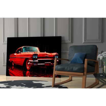 Vibrant red retro muscle car glass wall art with neon blue headlights on wet pavement