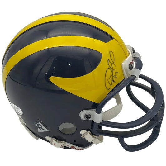 Desmond howard autographed navy blue and yellow michigan wolverines mini helmet with signature on the side