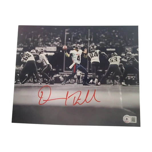 Black and white Desmond Ridder football photo with red autograph, Beckett authentication