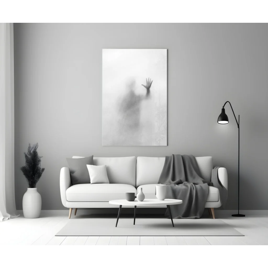 Black curved floor lamp beside ethereal glass wall art