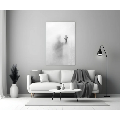 Black curved floor lamp beside ethereal glass wall art