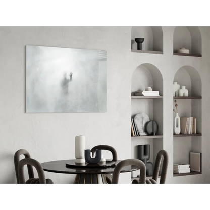 Minimalist misty gray glass wall art with ethereal hand silhouette reaching up
