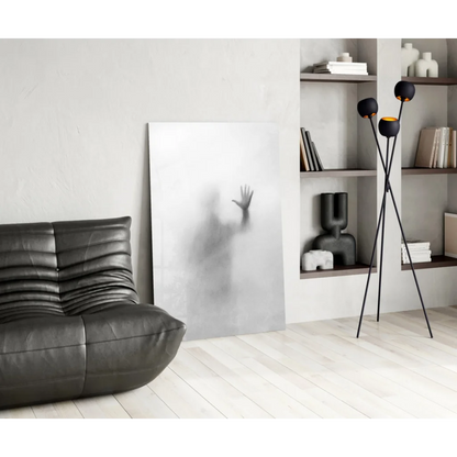 Ethereal glass wall art with haunting silhouette on black leather sofa