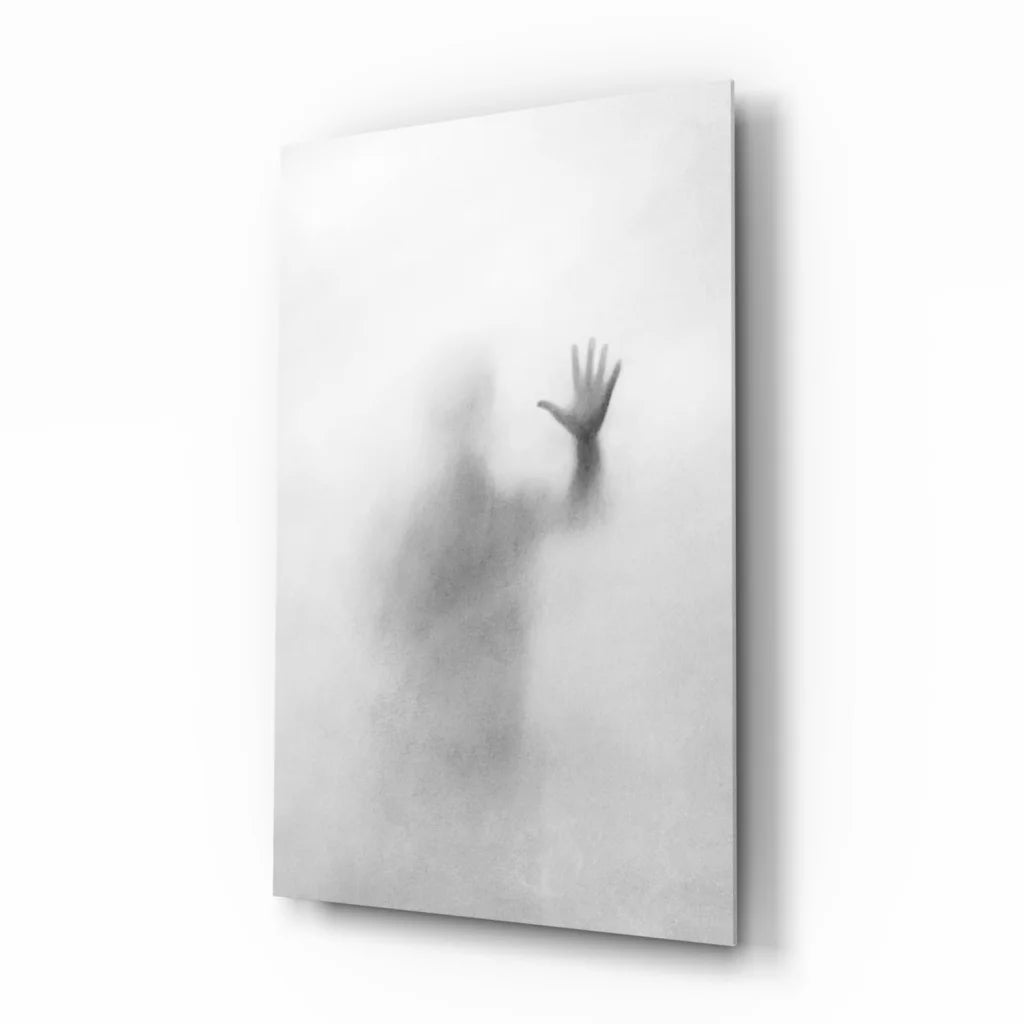 Ethereal ghostly figure in minimalist black-and-white glass wall art