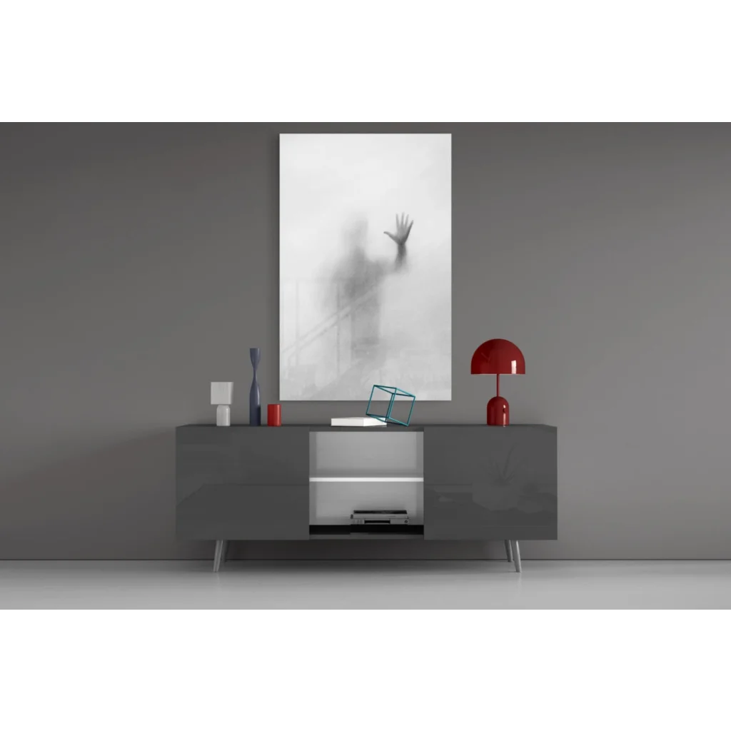 Minimalist gray sideboard with Ethereal Glass Wall Art silhouette