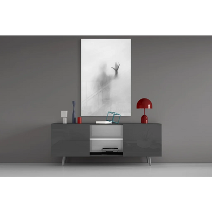 Minimalist gray sideboard with Ethereal Glass Wall Art silhouette