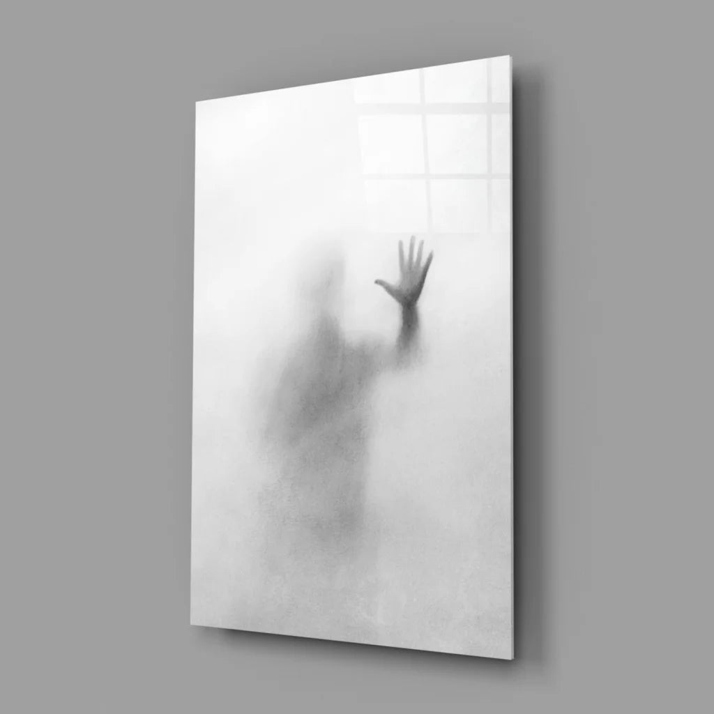 Minimalist black-and-white ethereal glass wall art with blurred hand silhouette
