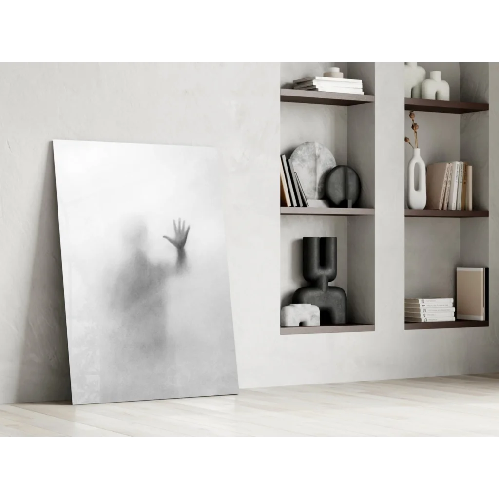 Minimalist ethereal glass wall art with faint ghostly handprint silhouette