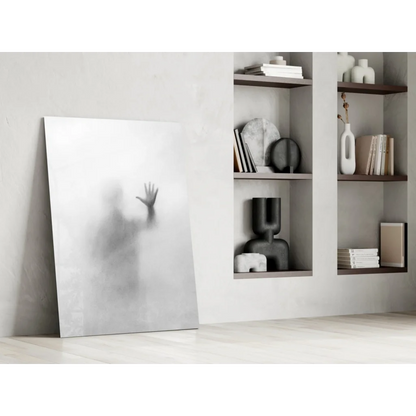 Minimalist ethereal glass wall art with faint ghostly handprint silhouette