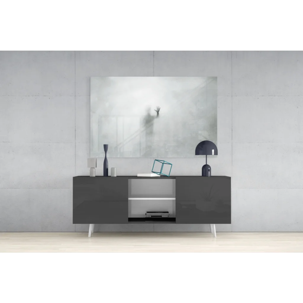 Ethereal hand silhouette glass wall art print with modern matte black sideboard