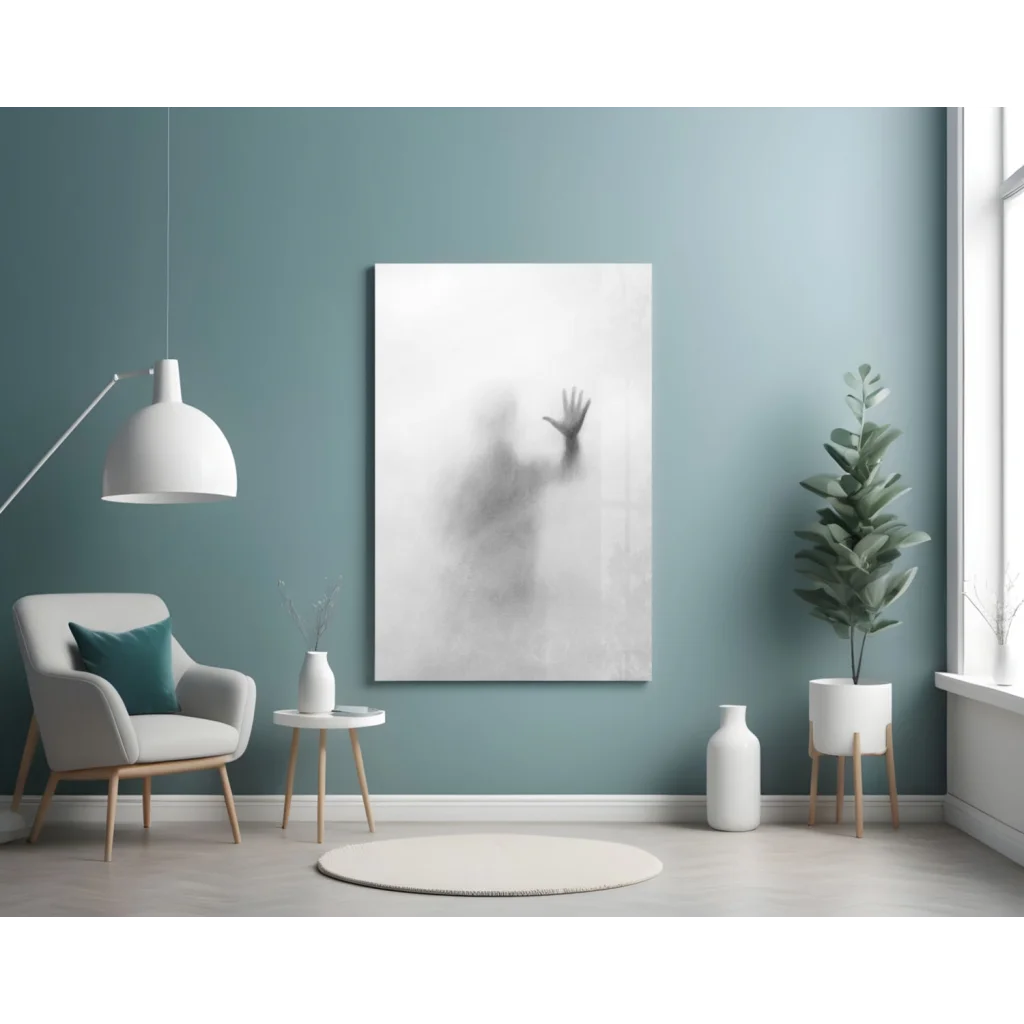 Minimalist hand in fog on ethereal glass wall art, haunting silhouette