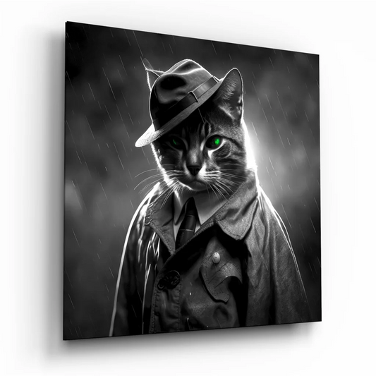 Stylish detective cat tempered glass art in black-and-white