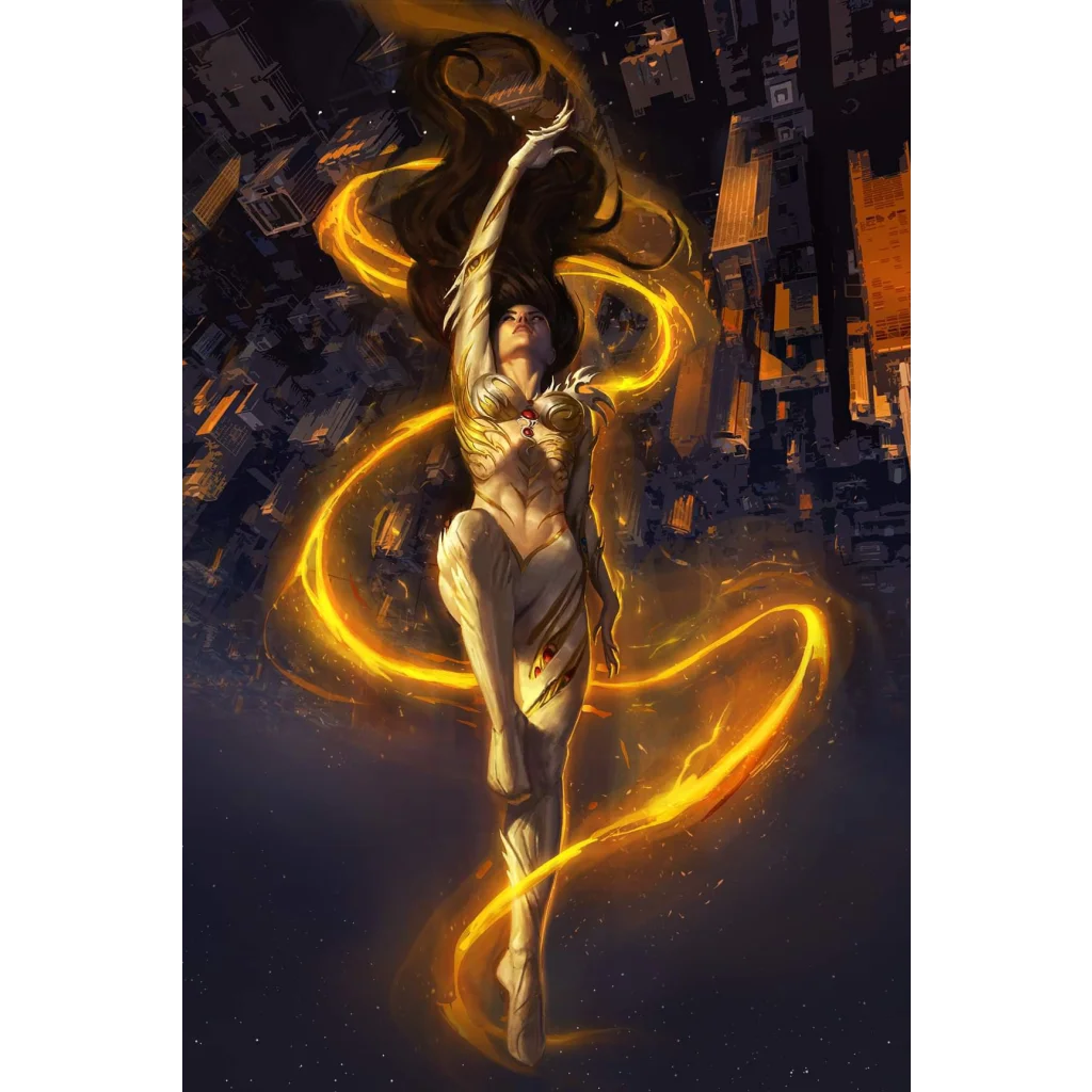 Woman with long dark hair in ornate white and gold outfit floating with glowing ribbons