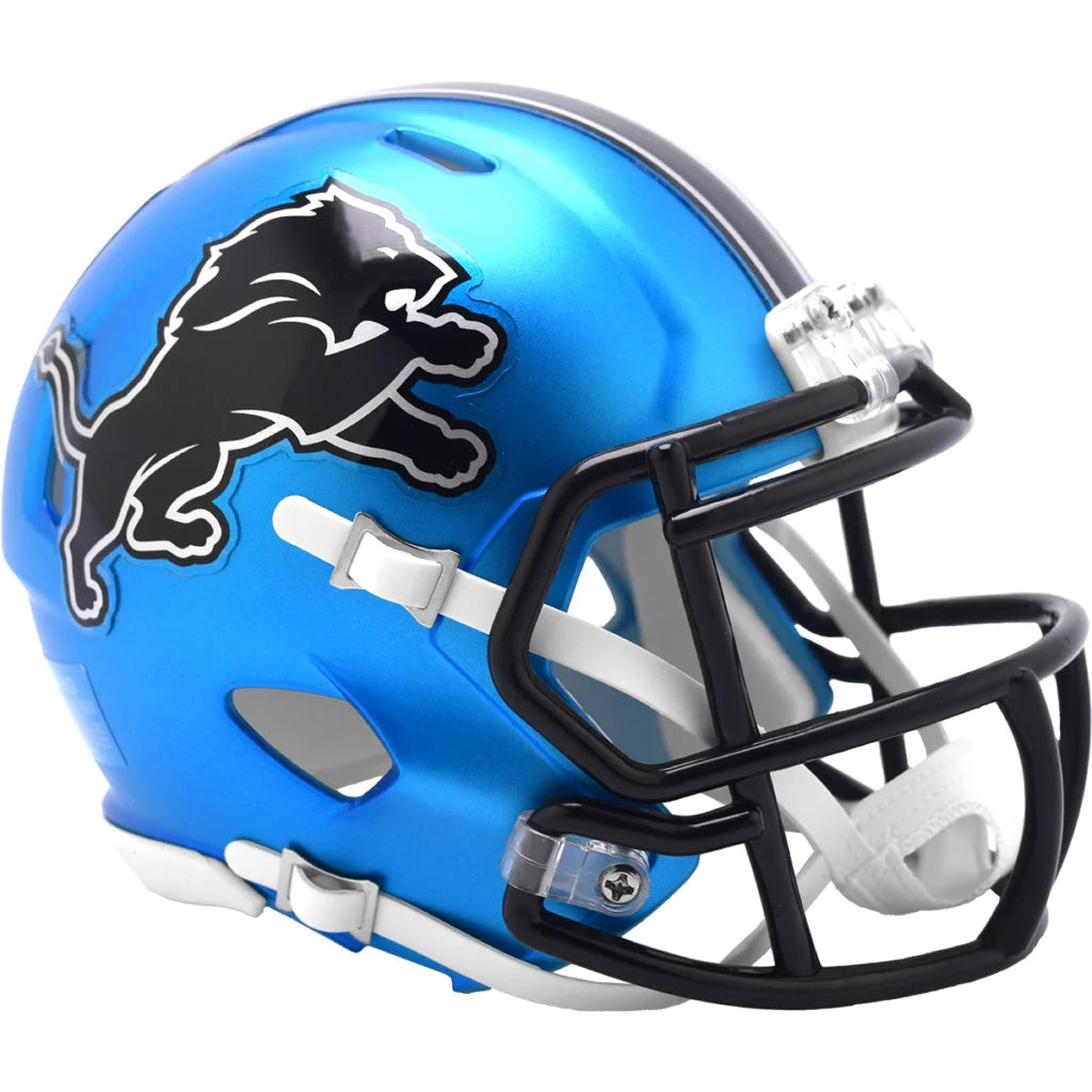 Glossy blue Detroit Lions alternate speed mini helmet with panther logo