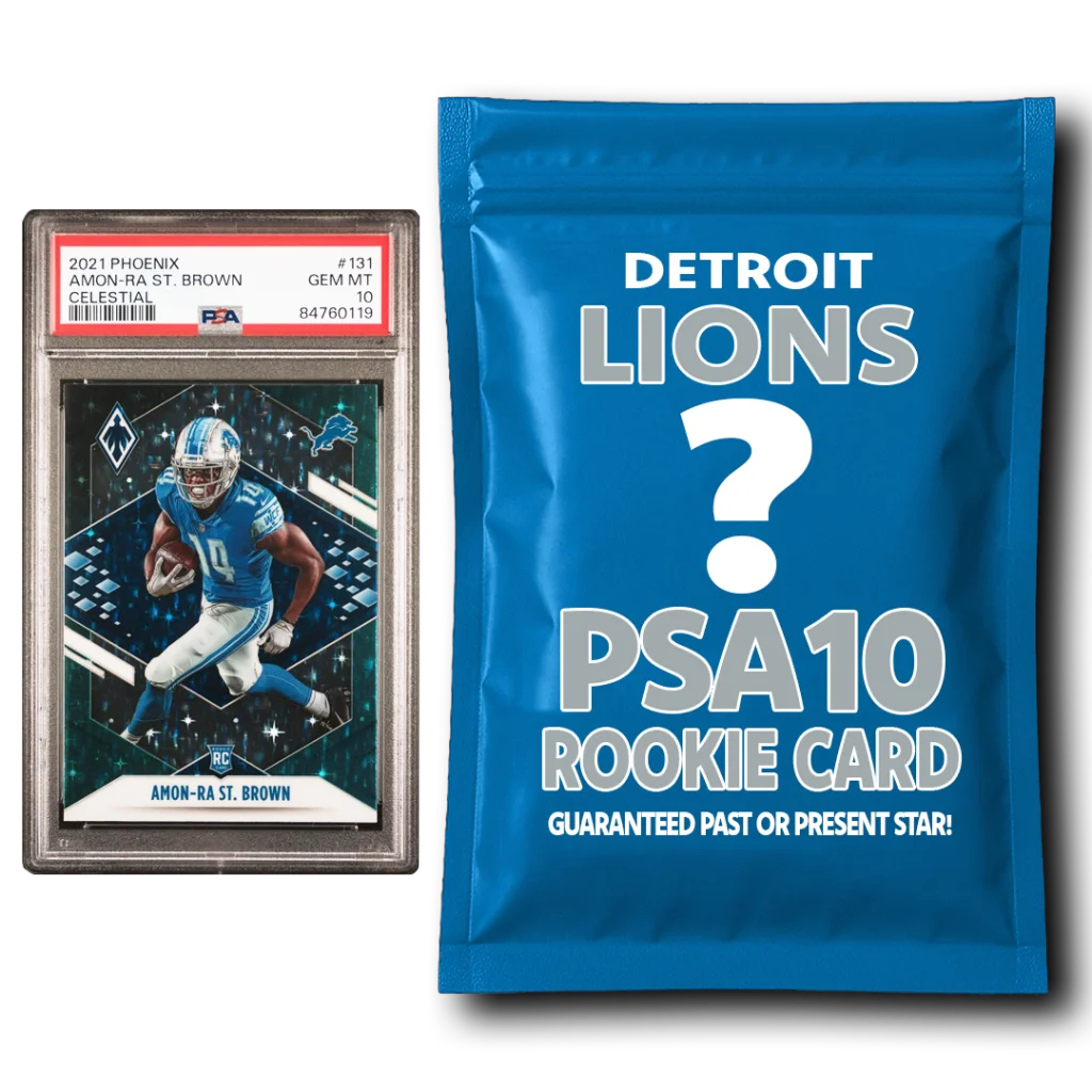 Amon-Ra St. Brown rookie card and PSA 10 Detroit Lions rookie in Jahmyr Gibbs Panini Donruss pack