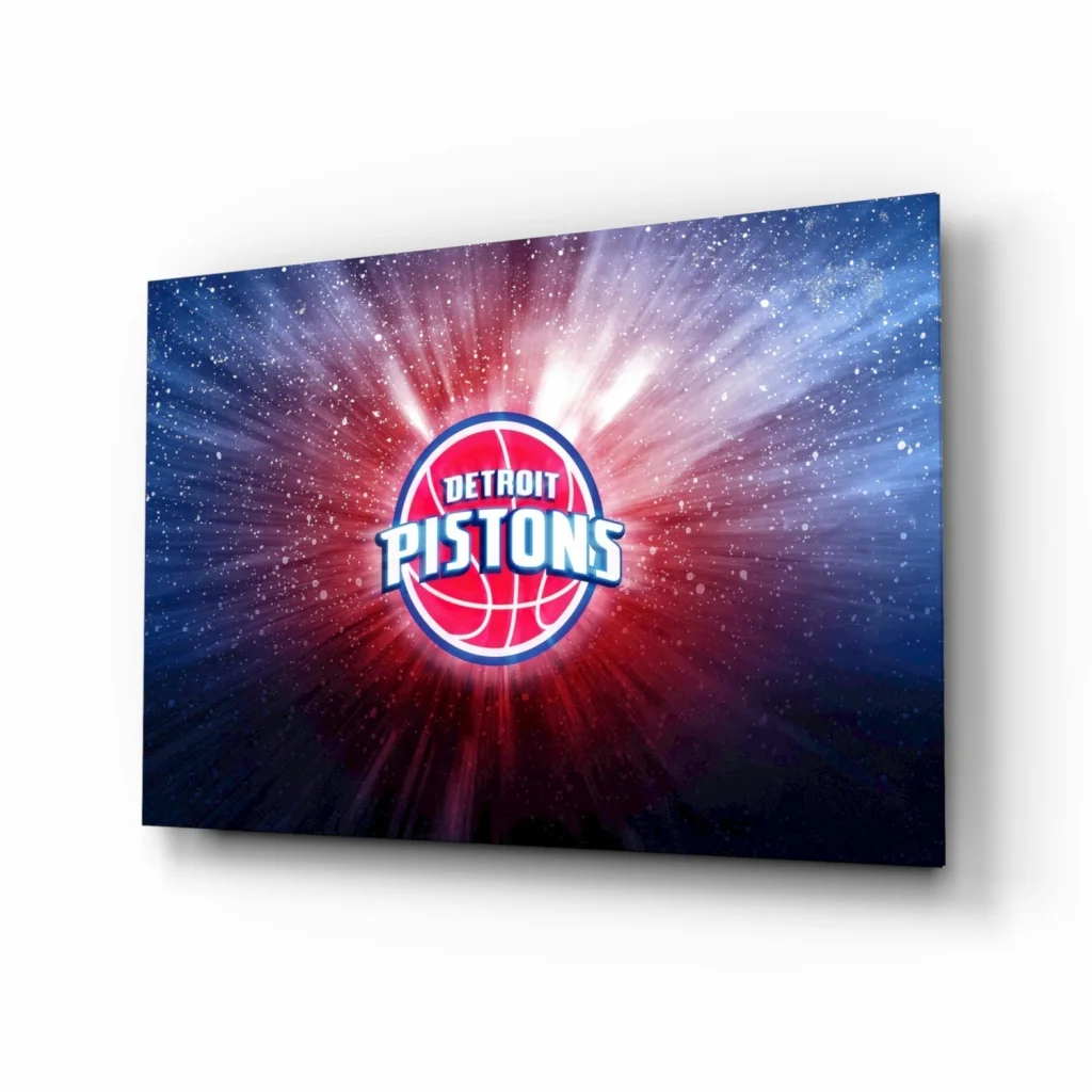 Detroit Pistons cosmic burst glass wall art with red white blue vibes