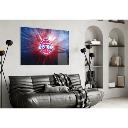 Detroit Pistons cosmic burst glass wall art canvas with glowing logo