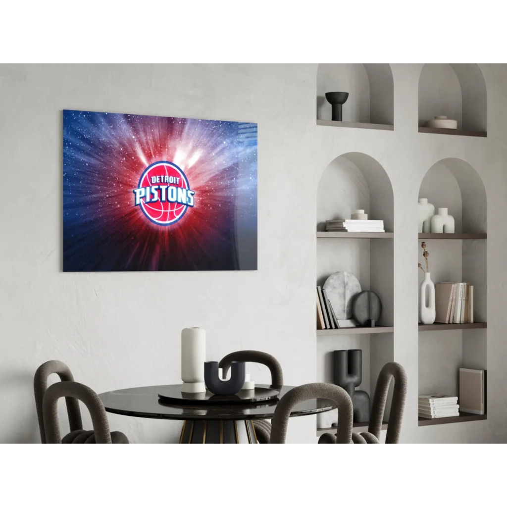 Vibrant Detroit Pistons glass wall art with cosmic red blue burst and logo