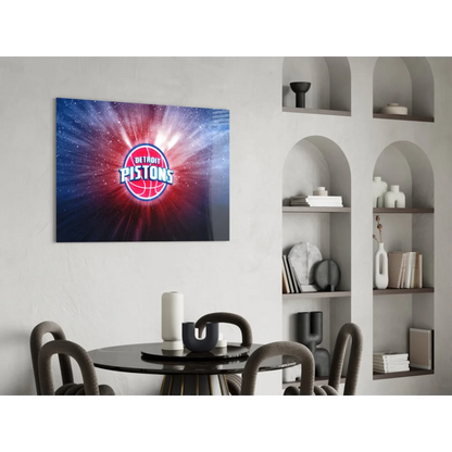 Vibrant Detroit Pistons glass wall art with cosmic red blue burst and logo