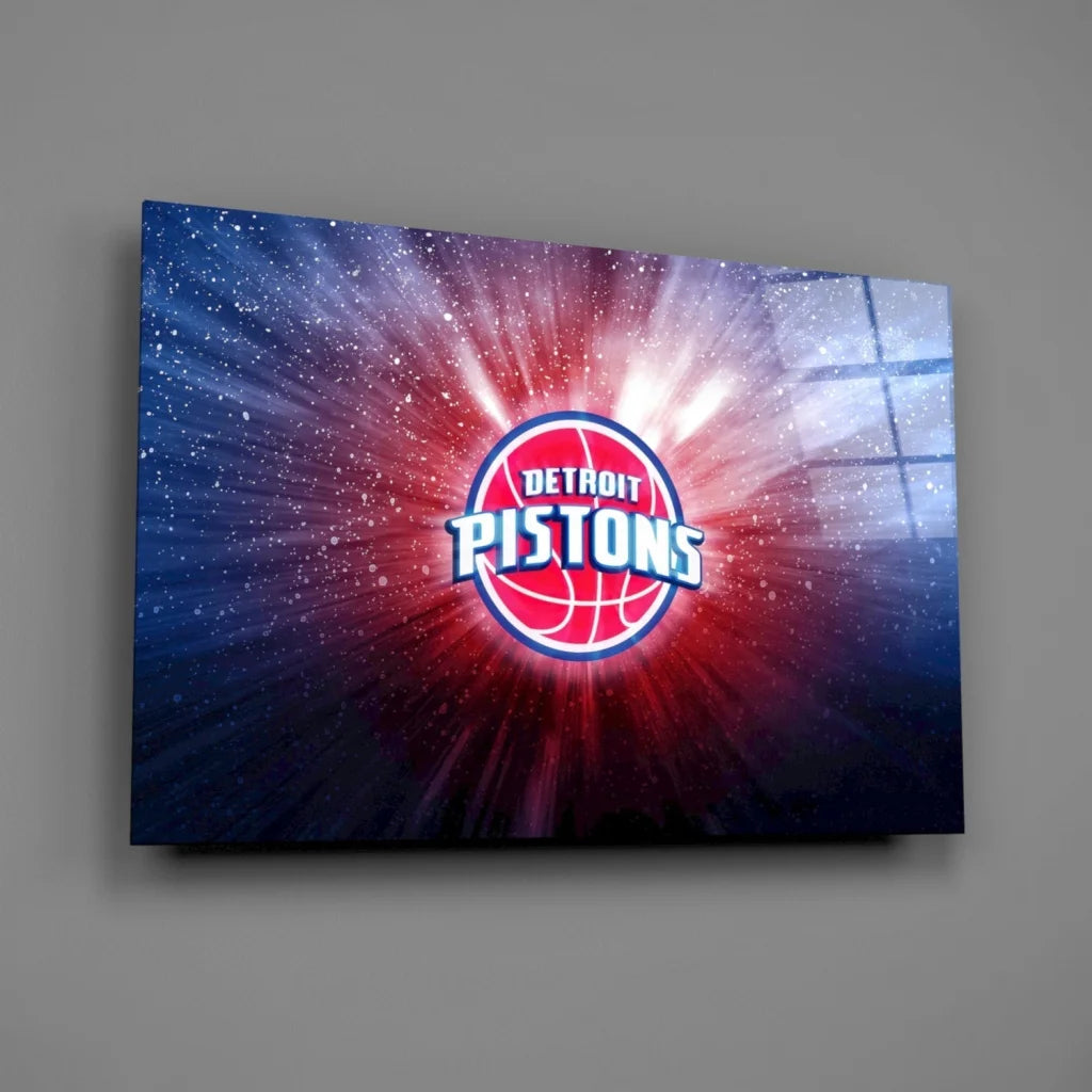 Detroit Pistons cosmic burst glass wall art with vibrant logo