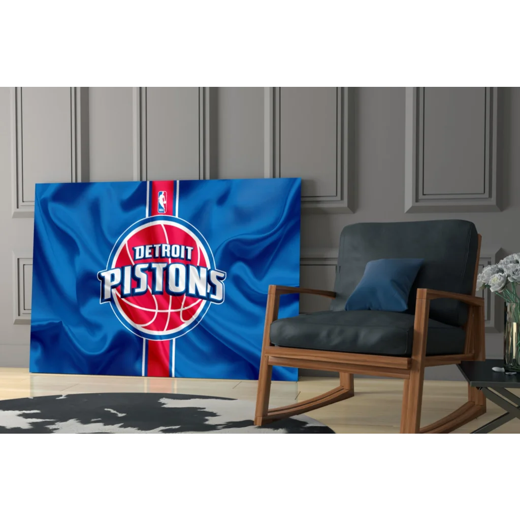 Detroit Pistons blue red banner glass wall art with team logo