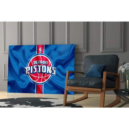 Detroit Pistons blue red banner glass wall art with team logo
