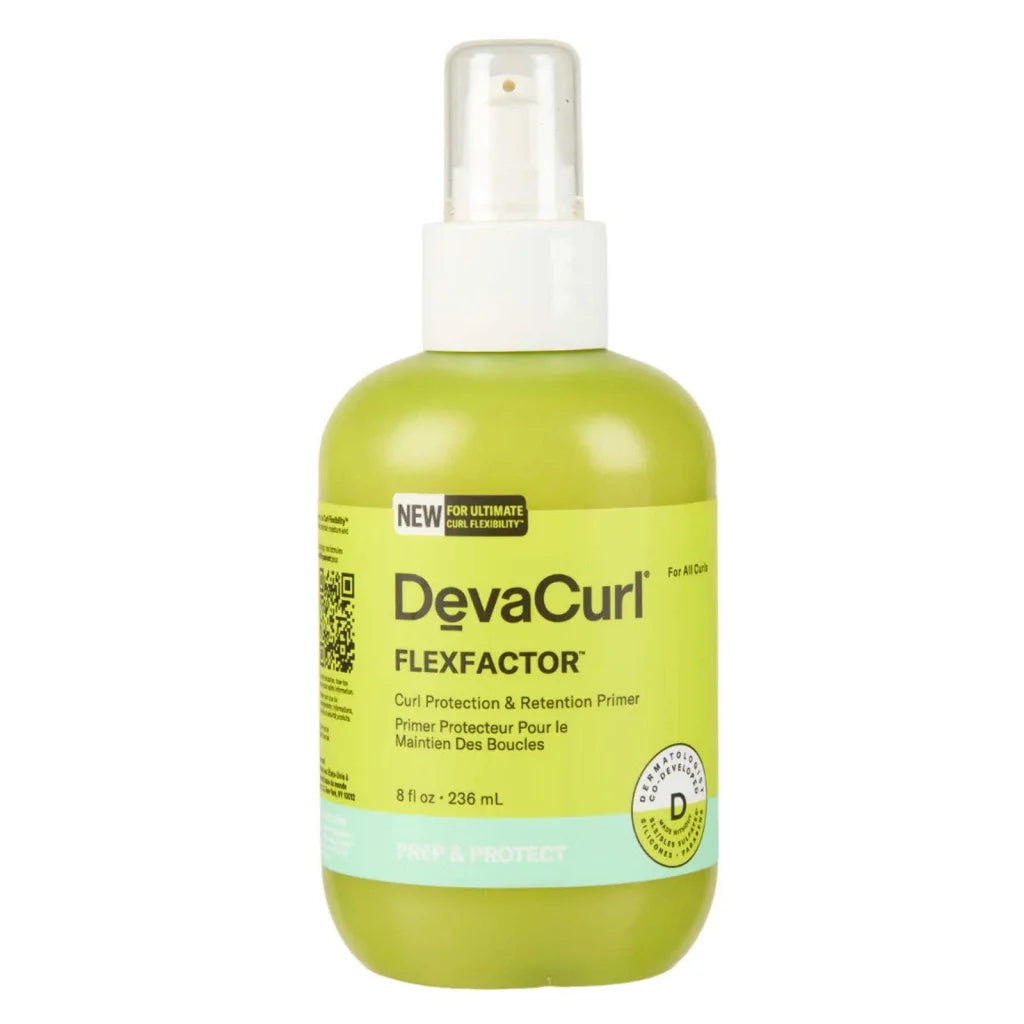 Devacurl Flexfactorprep lime green spray bottle 8 oz with curl protection label