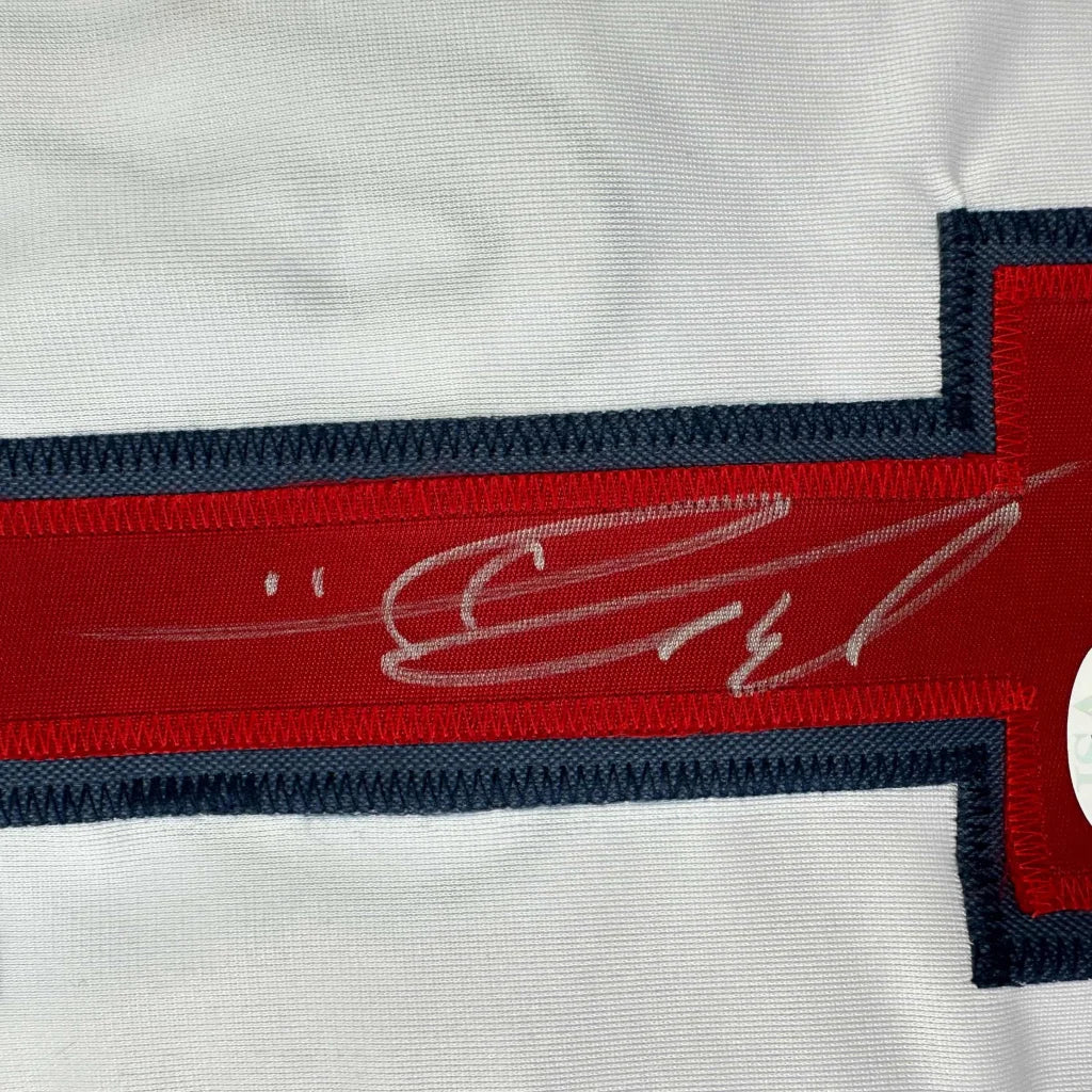 Autographed white and red Devers custom jersey with blue trim, professional sports collectible