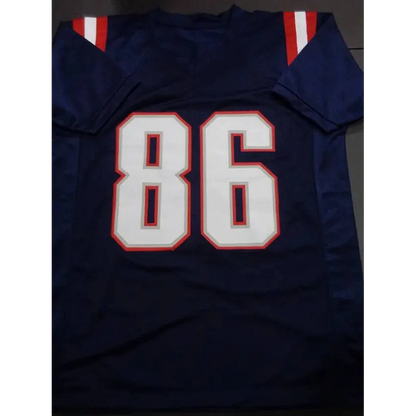 Devin Asiasi autographed custom football jersey with blue, white, and red number 86