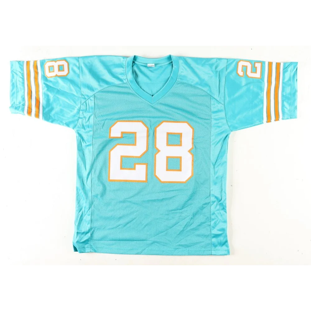 Light blue Miami Dolphins signed De’Von Achane jersey with white and gold stripes XL