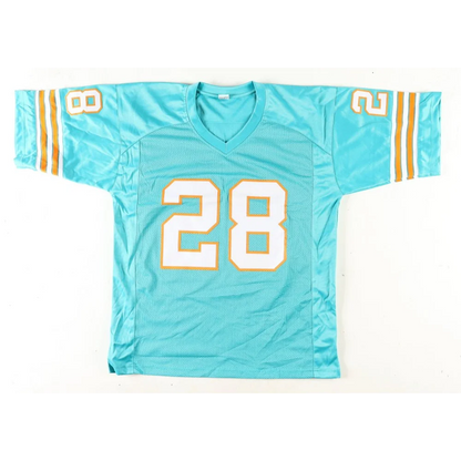 Light blue Miami Dolphins signed De’Von Achane jersey with white and gold stripes XL