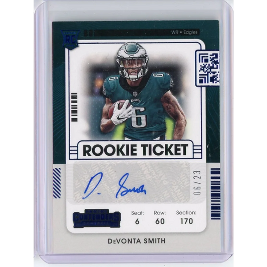 DeVonta Smith autographed rookie football card 06/23 displayed in product listing
