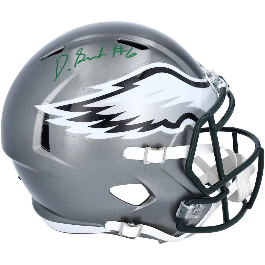 DeVonta Smith signed Philadelphia Eagles replica helmet in silver with black and white Riddell design