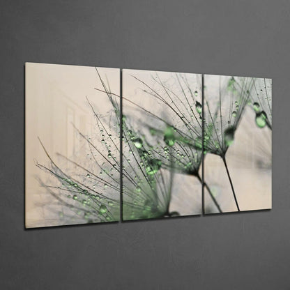 Dewy green dandelion triptych wall art canvas with dew drops