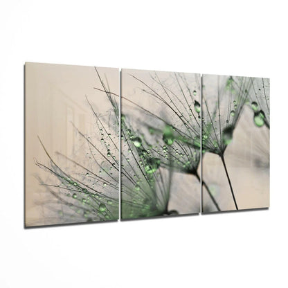 Dewy green dandelion triptych canvas wall art with dewy seeds on beige