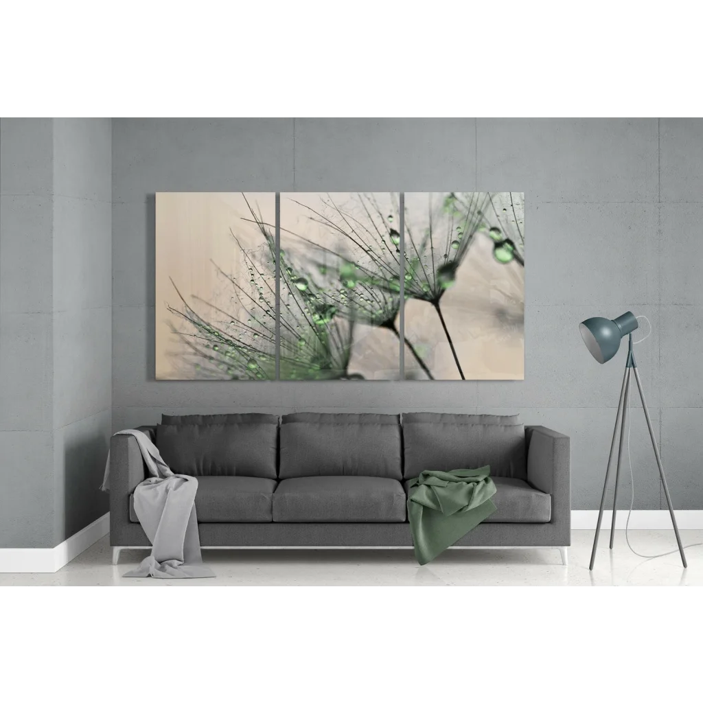 Dewy Green Dandelion triptych wall art with dewy stems on beige