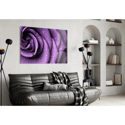 Dewy purple rose glass wall art canvas print with dew drops