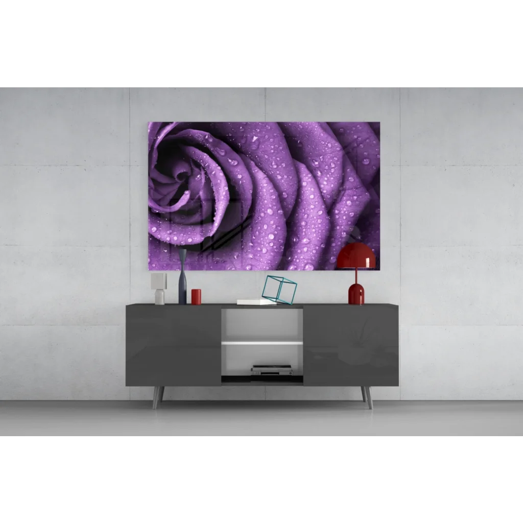 Vibrant dewy purple rose glass wall art canvas print on gray console