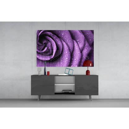Vibrant dewy purple rose glass wall art canvas print on gray console